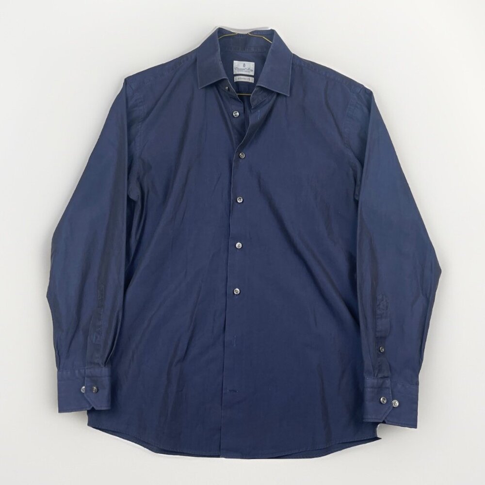 Emanuel Berg Dress Shirt Men's 15.5/39 Modern Fit Button Up Reflective Dark Blue